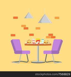 Restaurant table with dish fast food meal vector. Decor with brick styled decoration, cheeseburger French fries in package traditional american cuisine. Restaurant Bistro Dish Fast Food Meal at Table