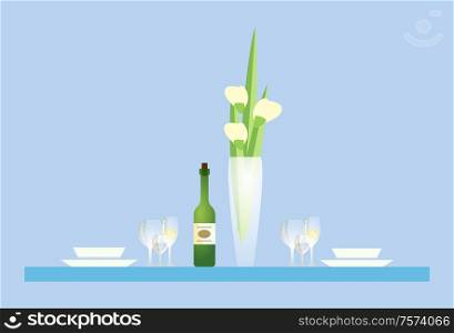 Restaurant table with vase and champagne bottle vector. Desk with tulip flowers, glasses and empty plates, romantic dinner for couple, served bowls. Restaurant Table with Vase and Champagne Bottle