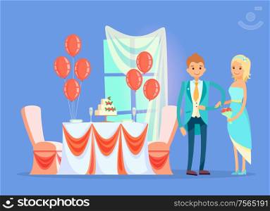 Restaurant table with wedding cake vector, married couple standing by desk with decorative. Window and veil, balloon and dessert with strawberries. Restaurant Table with Wedding Cake, Married Couple