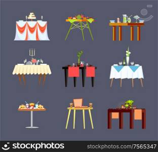 Restaurant tables with drinks and fastfood isolated vector icons. Banquet or wedding furniture, cake and fast food, tea and alcohol, cutlery on tablecloth. Restaurant Tables, Drinks and Food Isolated Icons