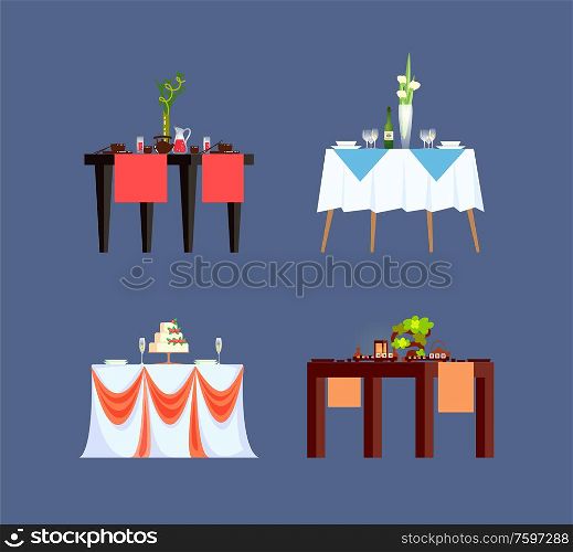 Restaurant tables with tablecloth and vase decoration vector. Isolated icons of desk with empty plates traditional dishes of China Japan wedding cake. Restaurant Tables with Tablecloth Isolated Icons
