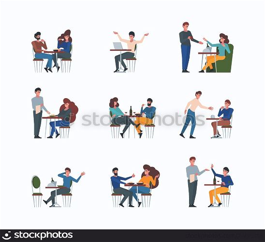 Restaurant talking. People meeting for coffee time drinking hot drinks and talking lunch food relationships friends vector set isolated. Illustration of meeting cafe or restaurant, coffee drink. Restaurant talking. People meeting for coffee time drinking hot drinks and talking lunch food relationships friends garish vector flat characters set isolated