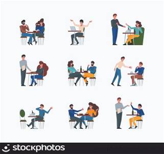 Restaurant talking. People meeting for coffee time drinking hot drinks and talking lunch food relationships friends vector set isolated. Illustration of meeting cafe or restaurant, coffee drink. Restaurant talking. People meeting for coffee time drinking hot drinks and talking lunch food relationships friends garish vector flat characters set isolated