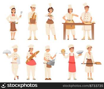 Restaurant team. Catering and waiters staff, isolated cafe workers. Cook in uniform, serving group. Cartoon people with food and fresh bread decent vector set. Illustration staff team service. Restaurant team. Catering and waiters staff, isolated cafe workers. Cook in uniform, serving group. Cartoon people with food and fresh bread decent vector set