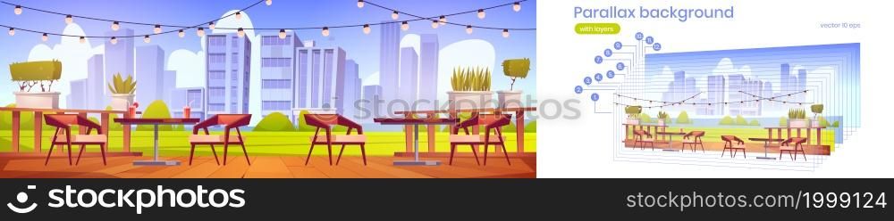 Restaurant terrace with wooden tables, chairs, green lawn and city view. Vector parallax background for 2d animation with cartoon illustration of empty cafe patio with drinks on table and plants. Parallax background with restaurant terrace