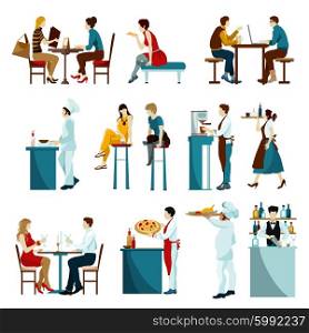 Restaurant Visitors Flat Icons Set. Cafe restaurant daytime visitors flat icons set with waiters serving dishes and drinks abstract isolated vector illustration