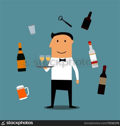 Restaurant waiter profession and drinks icons with man, beer and wine, vodka and whiskey, champagne bottle, glass and opener. Restaurant waiter profession and drinks icons