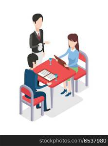 Restaurant. Waiter Standing near Two Customers. At restaurant waiter with white towel on hand is standing near table. Two customers at table are looking through menu. Woman holding menu in hands. Two glasses on red table. Flat design. Vector