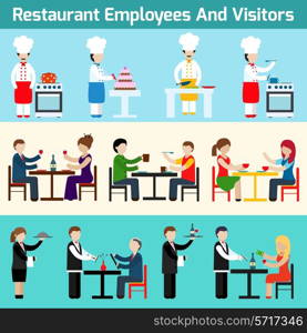 Restaurant waiters employees and visitors flat banner set isolated vector illustration