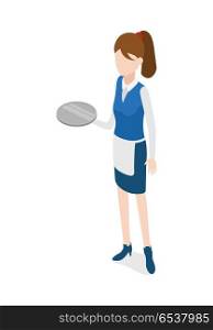 Restaurant. Waitress Holding Round Metal Grey Tray. Waiter isolated. Woman in waiter uniform holding round metal grey tray. Full length portrait of standing waitress. Girl wearing blue skirt, shoes and white apron, shirt. Flat design. Vector