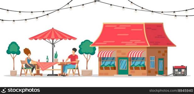 Restaurant with generator. Cartoon people characters sitting in cafe with portable alternator generating electrical power, electricity energy concept. Vector illustration of cafe coffee illustration. Restaurant with generator. Cartoon people characters sitting in cafe with portable alternator generating electrical power, electricity energy concept. Vector illustration
