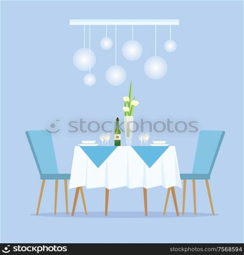 Restaurant with light color decoration interior vector. Fine cuisine, vase with flowers and bottle of alcoholic drink champagne banquet for celebration. Restaurant with Light Color Decoration Interior