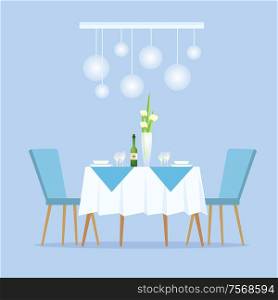 Restaurant with light color decoration interior vector. Fine cuisine, vase with flowers and bottle of alcoholic drink champagne banquet for celebration. Restaurant with Light Color Decoration Interior