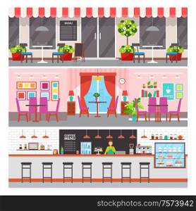 Restaurant with luxurious design vector. Coffeehouse with desserts and options for topping, beverages and cakes. Seller standing by counter, fika worker. Cafe and Coffee Shop Interior, Restaurant Floor