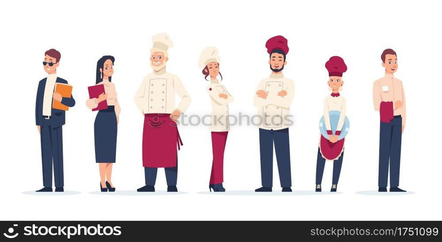 Restaurant workers. Standing in row people work in cafe. Cartoon waiter and chief, administrator and kitchen staff wear uniform. Career concept, service sector employment. Vector set of employees. Restaurant workers. Standing people work in cafe. Waiter and chief, administrator and kitchen staff wear uniform. Career concept, service sector employment. Vector set of employees