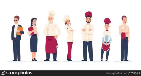 Restaurant workers. Standing in row people work in cafe. Cartoon waiter and chief, administrator and kitchen staff wear uniform. Career concept, service sector employment. Vector set of employees. Restaurant workers. Standing people work in cafe. Waiter and chief, administrator and kitchen staff wear uniform. Career concept, service sector employment. Vector set of employees