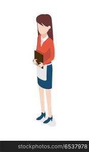 Restaurant. Young Waitress Holding Brown Notebook. Restaurant. Full length portrait of young waitress holding brown notebook. Female worker wearing white shirt, red blouse, blue skirt and shoes. Long white apron on waist. Flat design. Vector