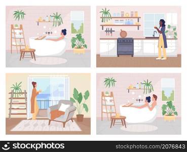 Resting at home flat color vector illustration set. Daily therapeutic routine indoor. Take bath. Drinking tea in kitchen. Relaxing 2D cartoon characters with home interior on background collections. Resting at home flat color vector illustration set