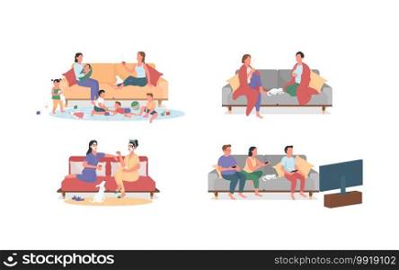 Resting at home on couch flat color vector faceless characters set. Baby sitting, video games fun. Weekend entertainment isolated cartoon illustration for web graphic design and animation collection. Resting at home on couch flat color vector faceless characters set