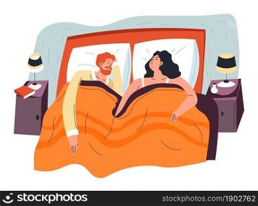 Resting couple sleeping in bed covered with blanket. Man and woman resting in bedroom at home. Wife and husband or boyfriend and girlfriend asleep. Interior of room with tables. Vector in flat style. Man and woman sleeping in bed, resting couple