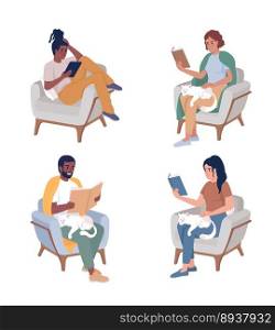 Resting in armchair semi flat color vector characters set. Editable figures. Full body people relaxing on white. Simple cartoon style illustration collection for web graphic design and animation. Resting in armchair semi flat color vector characters set