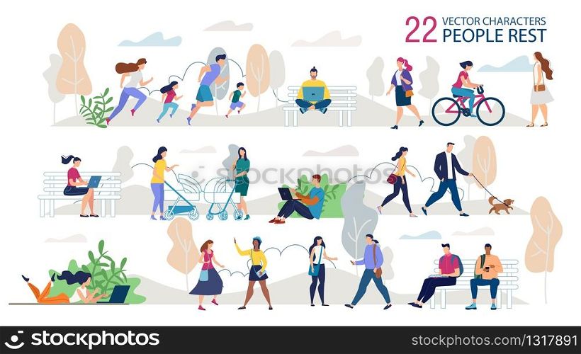 Resting Outdoors People Characters Trendy Vector Set. Parents with Children Jogging Together, Students, Freelancers Sitting on Bench, Couple Walking with Dog, Ladies Meeting in Park Illustration