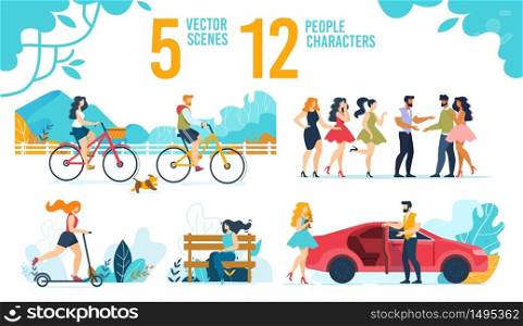 Resting People Characters Scenes Flat Set. Cartoon Men and Women Cycling, Riding Scooters, Meeting with Friends, Driving Car, Relaxing Along on Bench. Recreation, Leisure. Vector Illustration. Resting People Characters Vector Scenes Flat Set