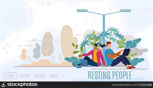Resting People, Modern City Park, Recreational Area, Public Space for Citizens Leisure Flat Vector Web Banner, Landing Page Template. Man and Woman Sitting on Grass in Park, Using Laptop Illustration