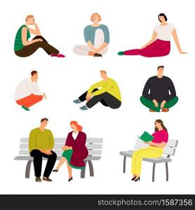 Resting people. Sitting and relaxing casual men and women vector illustration, variety rested characters in holiday, at home sofa, on park bench, happy rest persons isolated on white. Resting people. Sitting and relaxing casual men and women vector illustration, variety rested characters in holiday, at home sofa, on park bench, happy rest persons