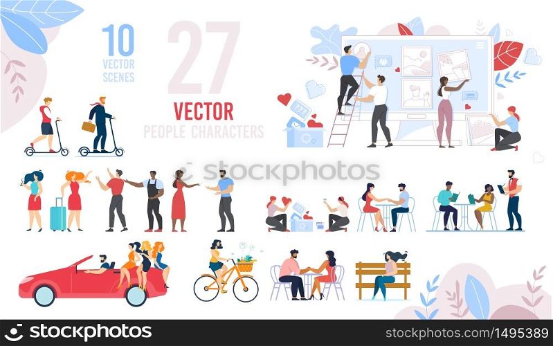 Resting, Walking, Dating, Working Cartoon People Characters Scenes Flat Set. Diverse Multiracial Citizen. Men, Women and Daily Routine Schedule. Rest, Recreation and Work Day. Vector Illustration. Resting, Walking, Dating, Working People Flat Set
