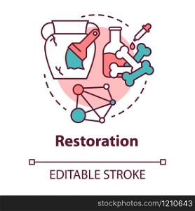 Restoration concept icon. Laboratory analysis archeological artifacts. Prehistoric remains study. History reconstruction idea thin line illustration. Vector isolated outline drawing. Editable stroke