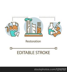Restoration concept icon. Reconstruction of historical artifacts, buildings. Preservation of monuments of ancient peoples idea thin line illustration. Vector isolated outline drawing. Editable stroke