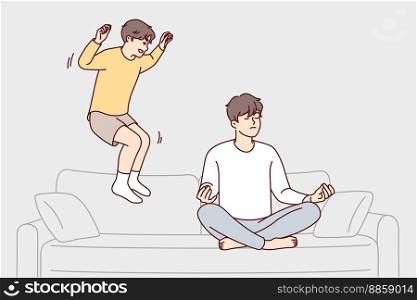 Restrained man sitting cross-legged doing yoga ignoring younger brother jumping on couch. Teenage boy frolic wanting to distract father from meditation and draw attention to himself. Flat vector image. Restrained man sits cross-legged doing yoga ignoring younger brother jumping on sofa. Vector image