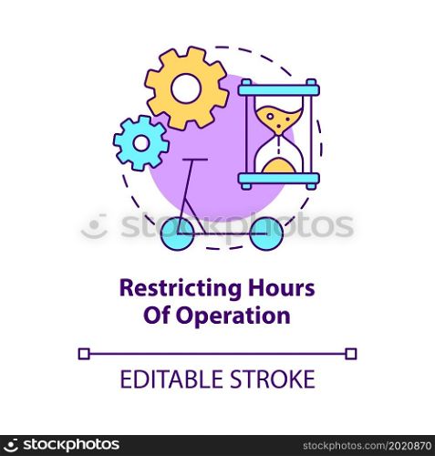 Restricting hours of operation concept icon. Scooter sharing regulation abstract idea thin line illustration. Limited time for rides. Vector isolated outline color drawing. Editable stroke. Restricting hours of operation concept icon