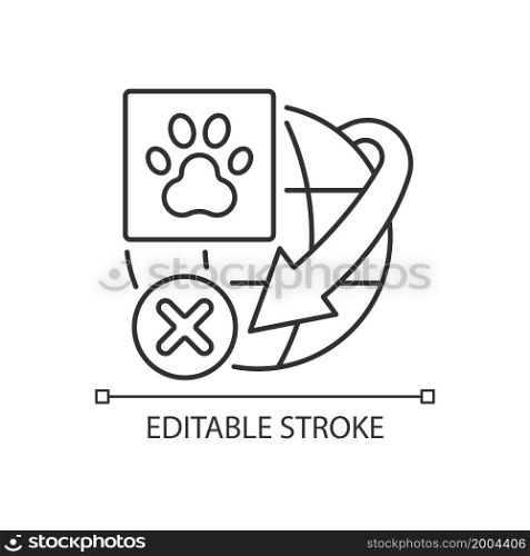 Restriction on transportation live animals linear icon. International delivery service rules. Thin line customizable illustration. Contour symbol. Vector isolated outline drawing. Editable stroke. Restriction on transportation live animals linear icon