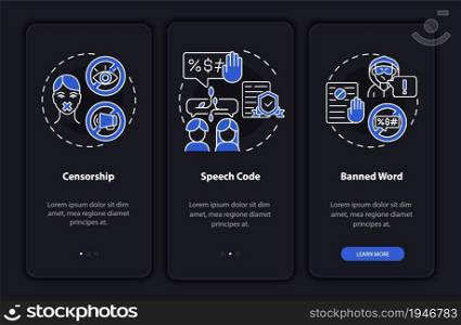 Restrictions on communication onboarding mobile app page screen. Speech code walkthrough 3 steps graphic instructions with concepts. UI, UX, GUI vector template with linear night mode illustrations. Restrictions on communication onboarding mobile app page screen