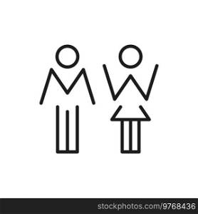 Restroom, toilet water closet gender male female symbol on door isolated outline icon. Vector WC sign, abstract lady and gentleman thin line signs, avatars on bathroom and restroom, staff change room. Toilet emblem man and woman, people and M W signs