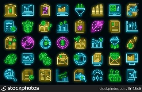 Result money icons set. Outline set of result money vector icons neon color on black. Result money icons set vector neon