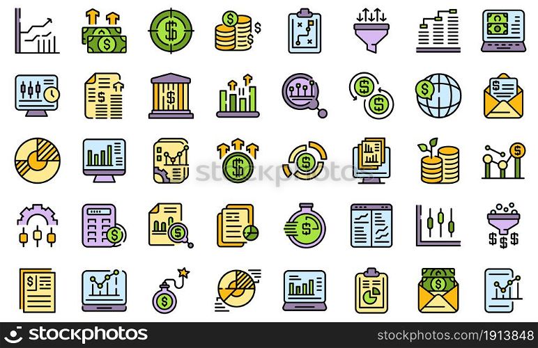 Result money icons set. Outline set of result money vector icons thin line color flat isolated on white. Result money icons set line color vector