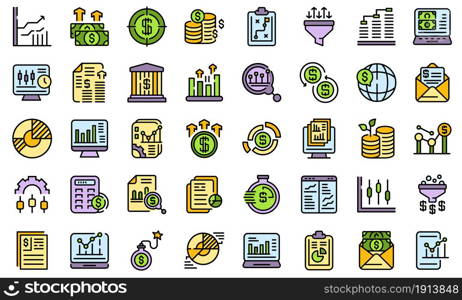 Result money icons set. Outline set of result money vector icons thin line color flat isolated on white. Result money icons set line color vector