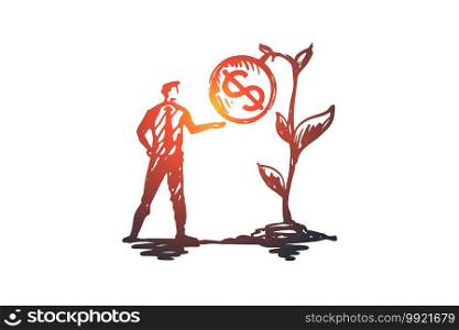 Results, money, plant, profit, income concept. Hand drawn businessman and growing income concept sketch. Isolated vector illustration.. Results, money, plant, profit, income concept. Hand drawn isolated vector.