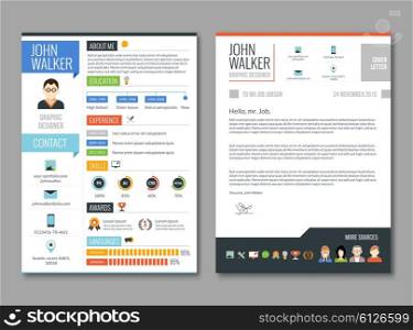 Resume cv template. Two pages job candidate cv template with work experience resume vector illustration