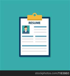 Resume document on a clipboard with shadow. Vector