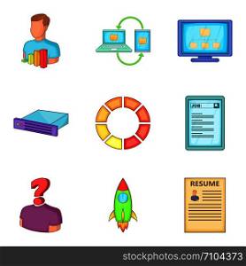 Resume for work icons set. Cartoon set of 9 resume for work vector icons for web isolated on white background. Resume for work icons set, cartoon style