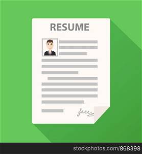 Resume form icon on green background with long shadow, cv application, stock vector illustration