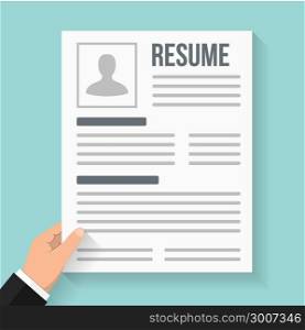 Resume. Hand holding resume, flat design, vector eps10 illustration