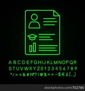 Resume neon light icon. CV. Curriculum vitae. Personal information. Glowing sign with alphabet, numbers and symbols. Vector isolated illustration. Resume neon light icon
