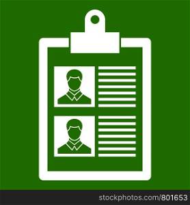 Resume of two candidates icon white isolated on green background. Vector illustration. Resume of two candidates icon green