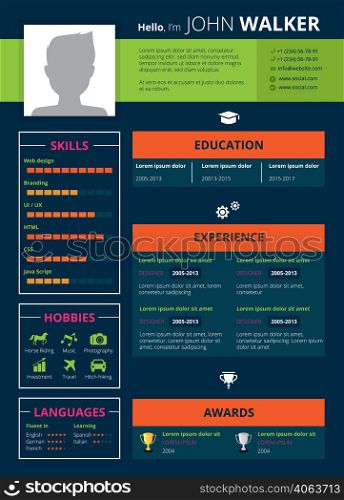 Resume page design with skills hobbies and education symbols flat vector illustration . Resume Page Design Illustration