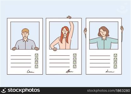 Resume, questionnaire and fulfilling forms concept. Profiles of young people candidates with signs and personal information fulfilled in forms vector illustration . Resume, questionnaire and fulfilling forms concept